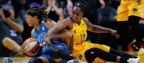 The Lynx and Sparks got at it in Game 4 of the WNBA Finals on Sunday night. [Image via WNBA/YouTube]