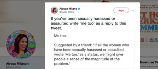Il tweet di Alyssa Milano con cui invita le donne che hanno subito molestie a rispondere 'metoo'