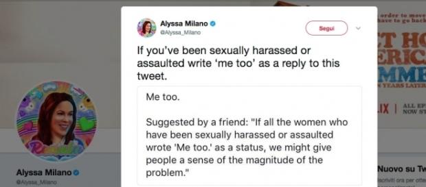Il tweet di Alyssa Milano con cui invita le donne che hanno subito molestie a rispondere 'metoo' Il tweet di Alyssa Milano con cui invita le donne che hanno subito molestie a rispondere 'metoo'