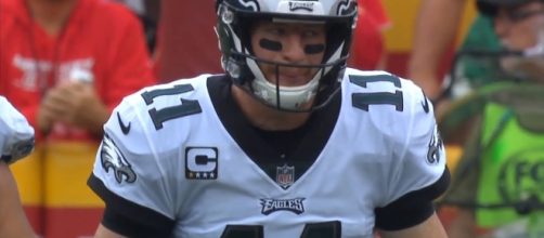 Eagles QB Carson Wentz threw three touchdowns in Thursday night's win over the Carolina Panthers. [Image via NFL/YouTube]