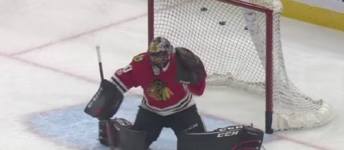 Corey Crawford and the Chicago Blackhawks are the favorites to win the NHL Stanley Cup as of right now. [Image via NHL/YouTube]