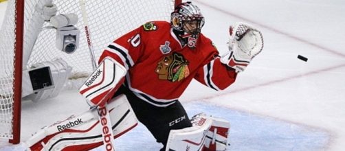 Goalie Corey Crawford is expected to start tonight for the Chicago Blackhawks as they host Nashville. [Image via NHL/YouTube]