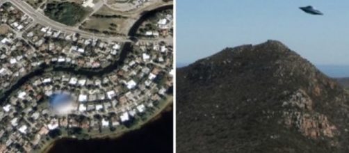 À esquerda, o suposto OVNI censurado; à direita, outra foto do Google Earth na qual supostamente haveria um disco voador. Fotos: Google Earth.