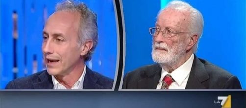 Eugenio Scalfari e Marco Travaglio durante un vecchio confronto in tv su La7