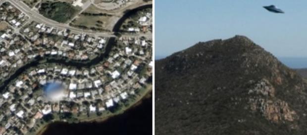 À esquerda, o suposto OVNI censurado; à direita, outra foto do Google Earth na qual supostamente haveria um disco voador. Fotos: Google Earth. À esquerda, o suposto OVNI censurado; à direita, outra foto do Google Earth na qual supostamente haveria um disco voador. Fotos: Google Earth.