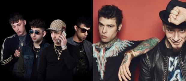 A sinistra la Dark Polo Gang, a destra Fedez e J Ax. A sinistra la Dark Polo Gang, a destra Fedez e J Ax.