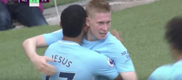De Bruyne celebrates with Jesus after a mesmerizing performance vs. Stoke -- NBC Sports/YouTube. De Bruyne celebrates with Jesus after a mesmerizing performance vs. Stoke -- NBC Sports/YouTube.