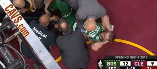 Gordon Hayward lays sprawled on the floor after landing awkwardly (Image Credit: NBA Conference/ YouTube)