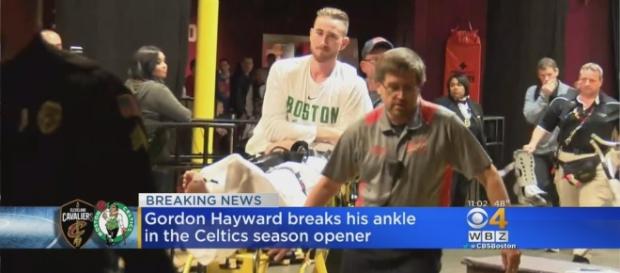 Gordon Hayward is taken to the hospital after breaking his ankle during NBA opening night. (Image Credit - CBS Boston/YouTube ) Gordon Hayward is taken to the hospital after breaking his ankle during NBA opening night. (Image Credit - CBS Boston/YouTube )