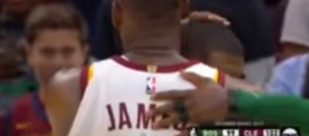 The former Cavaliers teammates embrace each other after the game -- Sports And News via YouTube The former Cavaliers teammates embrace each other after the game -- Sports And News via YouTube