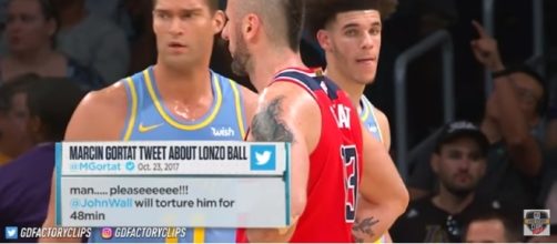 Lonzo Ball and Marcin Gortat in their game on Wednesday. [Photo Credit: Real GD's Latest Highlights/Youtube]