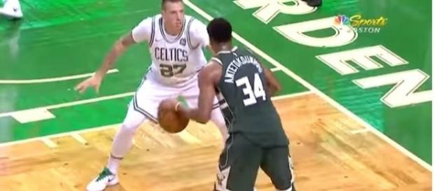 The Greek Freak guard by Daniel Theis (Image Credit: FreeDawkins/YouTube) The Greek Freak guard by Daniel Theis (Image Credit: FreeDawkins/YouTube)