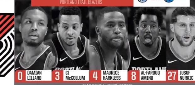 Blazers starting lineup against Pelicans on October 24. -- YouTube screen capture / NBA Blazers starting lineup against Pelicans on October 24. -- YouTube screen capture / NBA