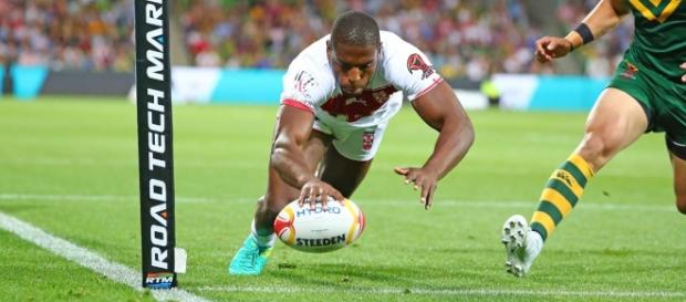 Jermaine McGillvary reaches out for England's only try in their 18-4 loss to Australia in their World Cup opener. Image Source: Daily Mirror Jermaine McGillvary reaches out for England's only try in their 18-4 loss to Australia in their World Cup opener. Image Source: Daily Mirror