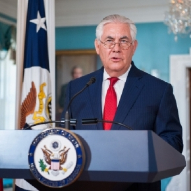 Secretary of State Rex Tillerson addressing the media. / [Image by U.S. Department of State via Flickr, U.S. Government Work]