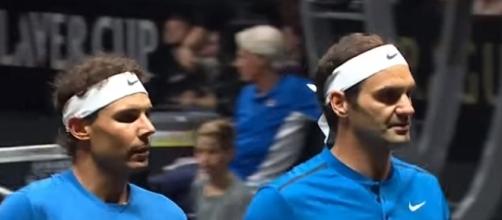 Nadal and Federer playing doubles together at 2017 Laver Cup. (Image Credit Photo: GrandSlam Highlights III channel/ YouTube)