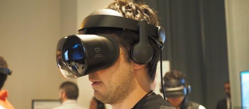 The Samsung Odyssey headset being tested at the Windows Mixed Reality event Tuesday. (Photo Credit: Point Technology/YouTube)
