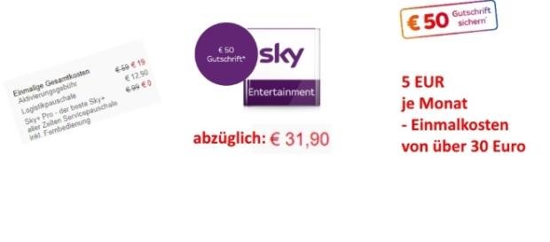 Sky verspricht 50 Euro Guthaben, doch die Einmalkosten machen daraus rechnerisch weniger Geld / Fotos: Sky.de (Montage) Sky verspricht 50 Euro Guthaben, doch die Einmalkosten machen daraus rechnerisch weniger Geld / Fotos: Sky.de (Montage)