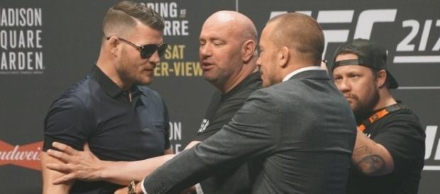 Bisping x St-Pierre em encarada diante de Dana White Bisping x St-Pierre em encarada diante de Dana White