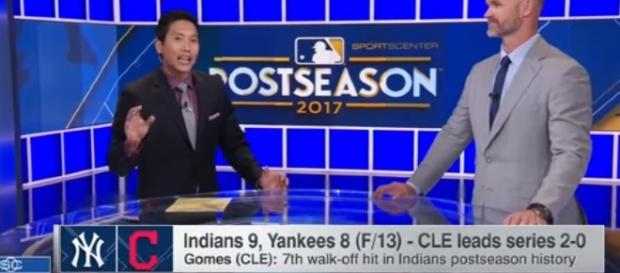 Cleveland Indians beat New York Yankees in Game 2 of 2017 ALDS -- Youtube screen capture / ESPN Cleveland Indians beat New York Yankees in Game 2 of 2017 ALDS -- Youtube screen capture / ESPN