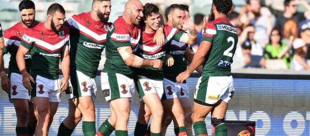 Lebanese players celebrate Mitchell Moses' try thar secured victory against the French. Image Source: The Sportsman Lebanese players celebrate Mitchell Moses' try thar secured victory against the French. Image Source: The Sportsman