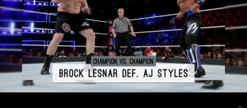 Brock Lesnar def AJ Styles for WWE victory. [Image Credit: WWE/YouTube screencap]