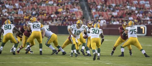 Aaron Rodgers QB of Green Bay Packers vs Washington Redskins at FedExField on August 19, 2017 [image source: Kieth Allison/ Wikimedia Commons]