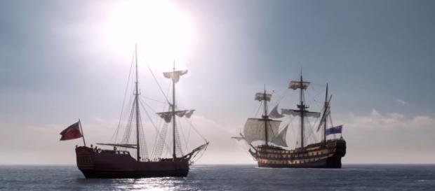Claire and Jamie are aboard two separate ships / Image credit: YouTube STARZ channel Claire and Jamie are aboard two separate ships / Image credit: YouTube STARZ channel
