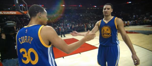Golden State Warriors shooter Klay Thompson (right) has no time for Gatorade -- NBA via YouTube Golden State Warriors shooter Klay Thompson (right) has no time for Gatorade -- NBA via YouTube