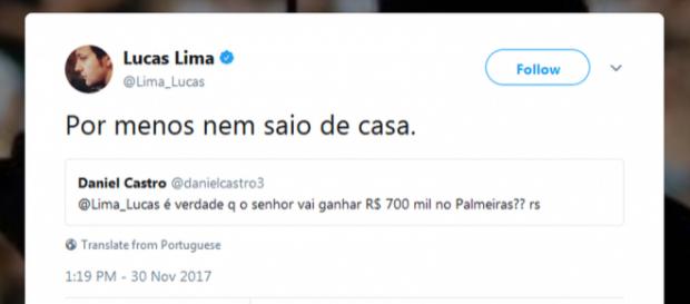 Resposta dada por Lucas Lima, via Twitter, à pergunta de torcedor sobre salário no Palmeiras Resposta dada por Lucas Lima, via Twitter, à pergunta de torcedor sobre salário no Palmeiras