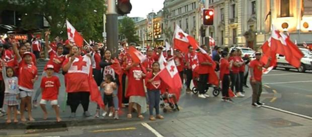 Tongan fans protest in the streets of Auckland after defeat to England. Image Source: newshub.co.nz Tongan fans protest in the streets of Auckland after defeat to England. Image Source: newshub.co.nz