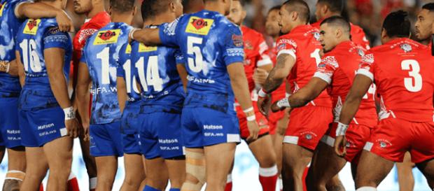 Samoa (Siva Tau) and Tonga (Sipi Tau) face each other in an incredible pre-game war 'dance-off'. Image Source: www.rlwc2017.com Samoa (Siva Tau) and Tonga (Sipi Tau) face each other in an incredible pre-game war 'dance-off'. Image Source: www.rlwc2017.com