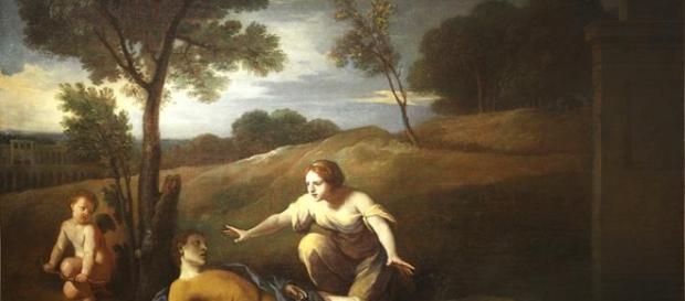 Píramo se quita la vida con su espada, al pensar que su amada había sido destrozada por una leona que regresaba de cazar. Píramo se quita la vida con su espada, al pensar que su amada había sido destrozada por una leona que regresaba de cazar.