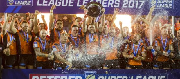 Castleford Tigers lift the League Leaders' Shield for the first time everer thrasing Wakefield Trinity 45-20. Image Source: The Sportsman Castleford Tigers lift the League Leaders' Shield for the first time everer thrasing Wakefield Trinity 45-20. Image Source: The Sportsman