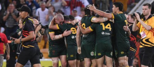 The Australian players rejoice as the final whistle blows in Brisbane. Image Source - bbc.co.uk