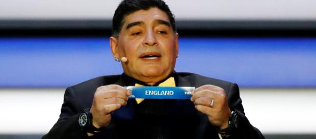 Diego Maradona during the moment England was picked to be part of Group G alongside Belgium, Panama and Tunisia. Photo: Kai Pfaffenbach/Reuters Diego Maradona during the moment England was picked to be part of Group G alongside Belgium, Panama and Tunisia. Photo: Kai Pfaffenbach/Reuters