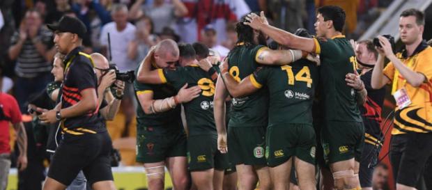 The Australian players rejoice as the final whistle blows in Brisbane. Image Source - bbc.co.uk The Australian players rejoice as the final whistle blows in Brisbane. Image Source - bbc.co.uk