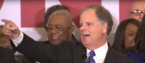 Doug Jones gives victory speech to delighted crowd. - [YouTube screencap / NBC News Channel]