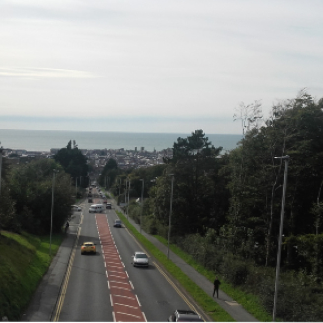 The whole town is seen from the top of a hill.