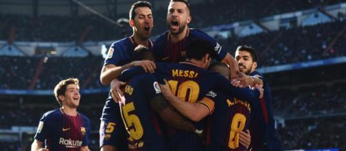 Celebración del Barça por el gol de Leo Messi enel clásico contra el Real Madrid