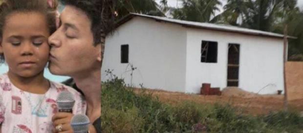 Apresentador e a menina Rivânia na foto. Ao lado, a foto da casa Apresentador e a menina Rivânia na foto. Ao lado, a foto da casa