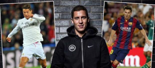 Eden Hazard entre Messi et Ronaldo, image de Senego.com Eden Hazard entre Messi et Ronaldo, image de Senego.com