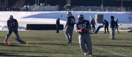 James Harrison (No. 92) practiced with the Patriots for the first time (Image Credit: MassLive/YouTube)