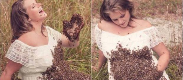 Grávida que fez ensaio com 20 mil abelhas na barriga perde o bebê (Foto Reprodução) Grávida que fez ensaio com 20 mil abelhas na barriga perde o bebê (Foto Reprodução)