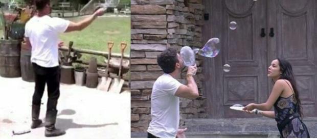 Marcos e Emilly no BBB, à direita; Marcos, em A Fazenda, à esquerda Marcos e Emilly no BBB, à direita; Marcos, em A Fazenda, à esquerda