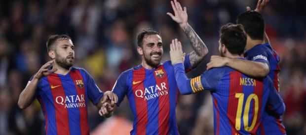 Los jugadores del Barça celebran uno de sus goles Los jugadores del Barça celebran uno de sus goles