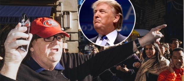 Michael Moore în timpul unui protest împotriva lui Donald Trump din orașul New York - Foto: colaj Creative Commons Michael Moore în timpul unui protest împotriva lui Donald Trump din orașul New York - Foto: colaj Creative Commons