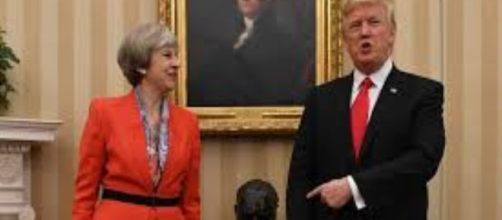 Theresa May and Donald Trump stand by Epstein’s bust of Winston Churchill in the Oval Office