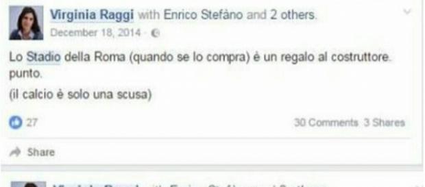 I post su Facebook di Virginia Raggi contro lo stadio della Roma risalenti al 2014. I post su Facebook di Virginia Raggi contro lo stadio della Roma risalenti al 2014.