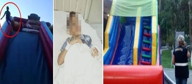 Menino se desequilibra e cai de escorregador inflável. Menino se desequilibra e cai de escorregador inflável.